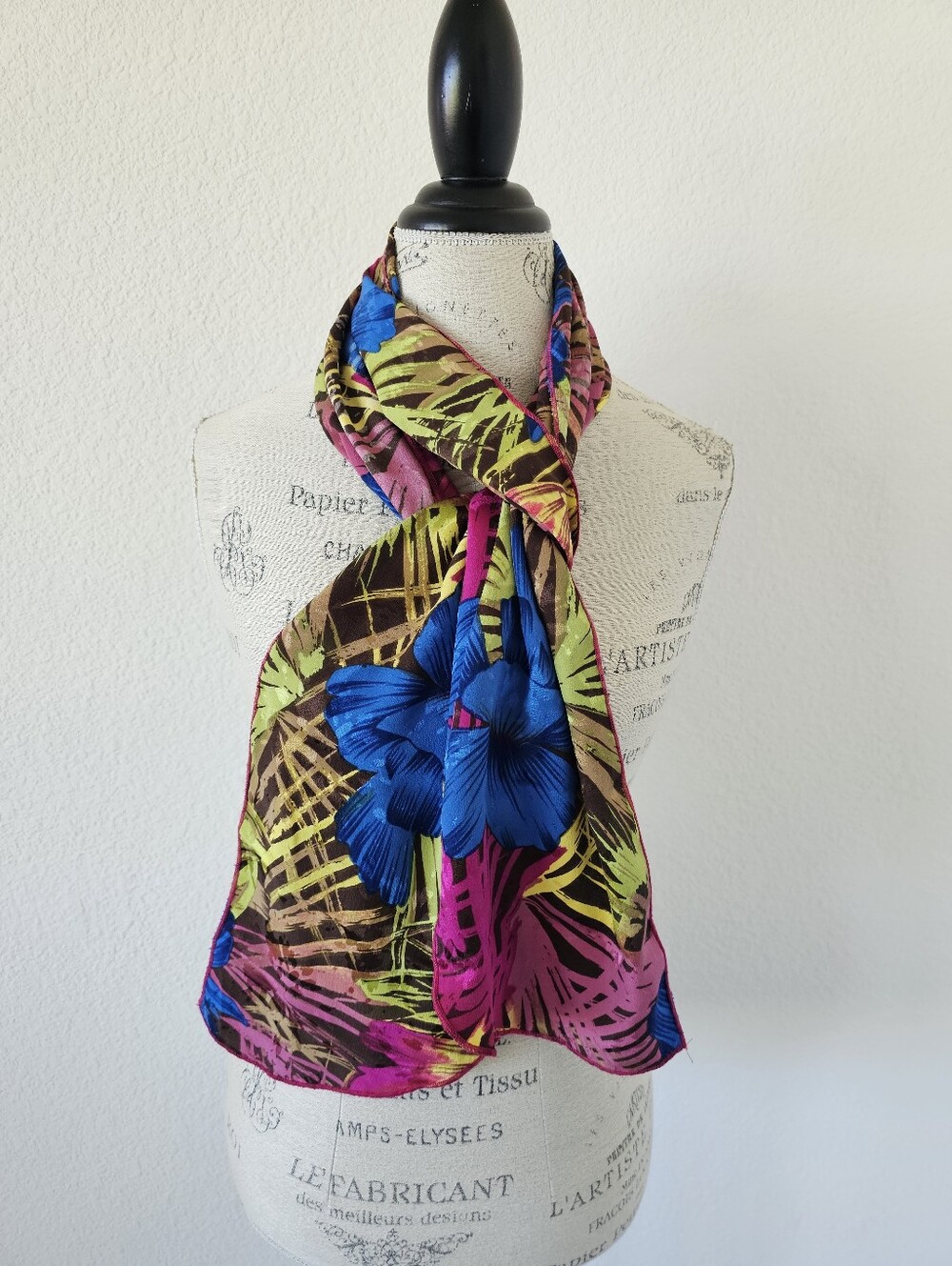 Vintage Tropical Floral Oblong Scarf Bright Blue Hibiscus Palm Leaves Pink